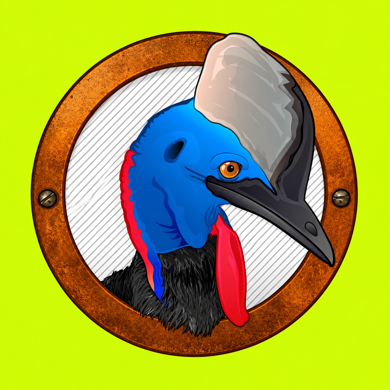 Cassowary project artwork showing a blue bird with a grey casque and red neck